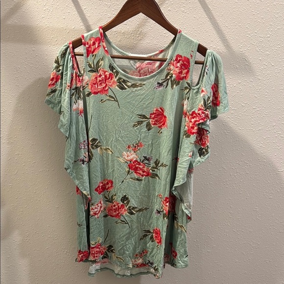Floral Cold Shoulder Top - Green and Red - Picture 1 of 4